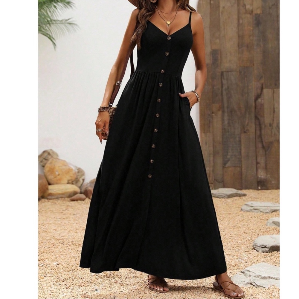Bohemian Black Button Maxi Dress S M L XL